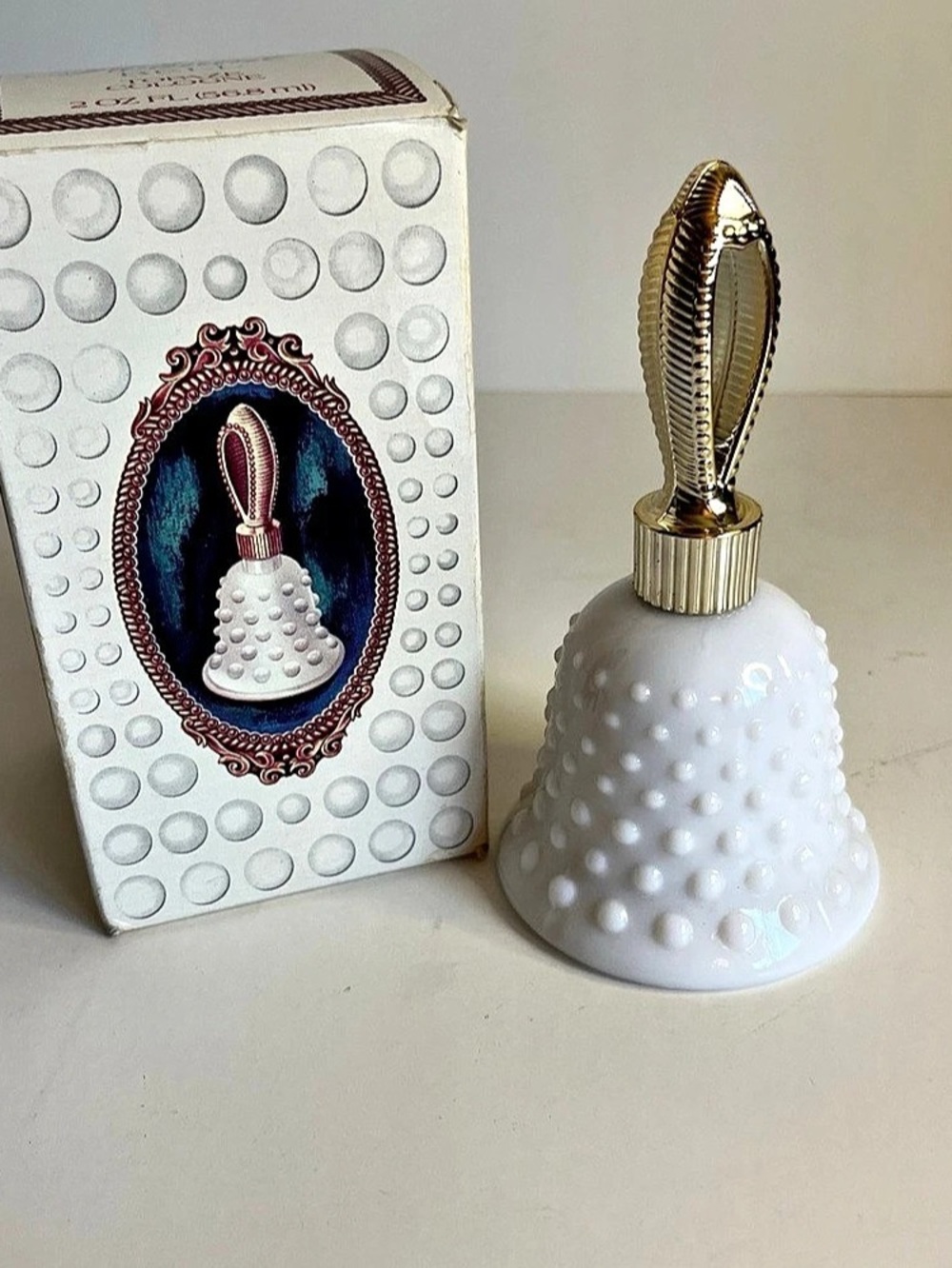 Avon Hobnail Milk Glass Bell Cologne Bottle, White & Gold Full